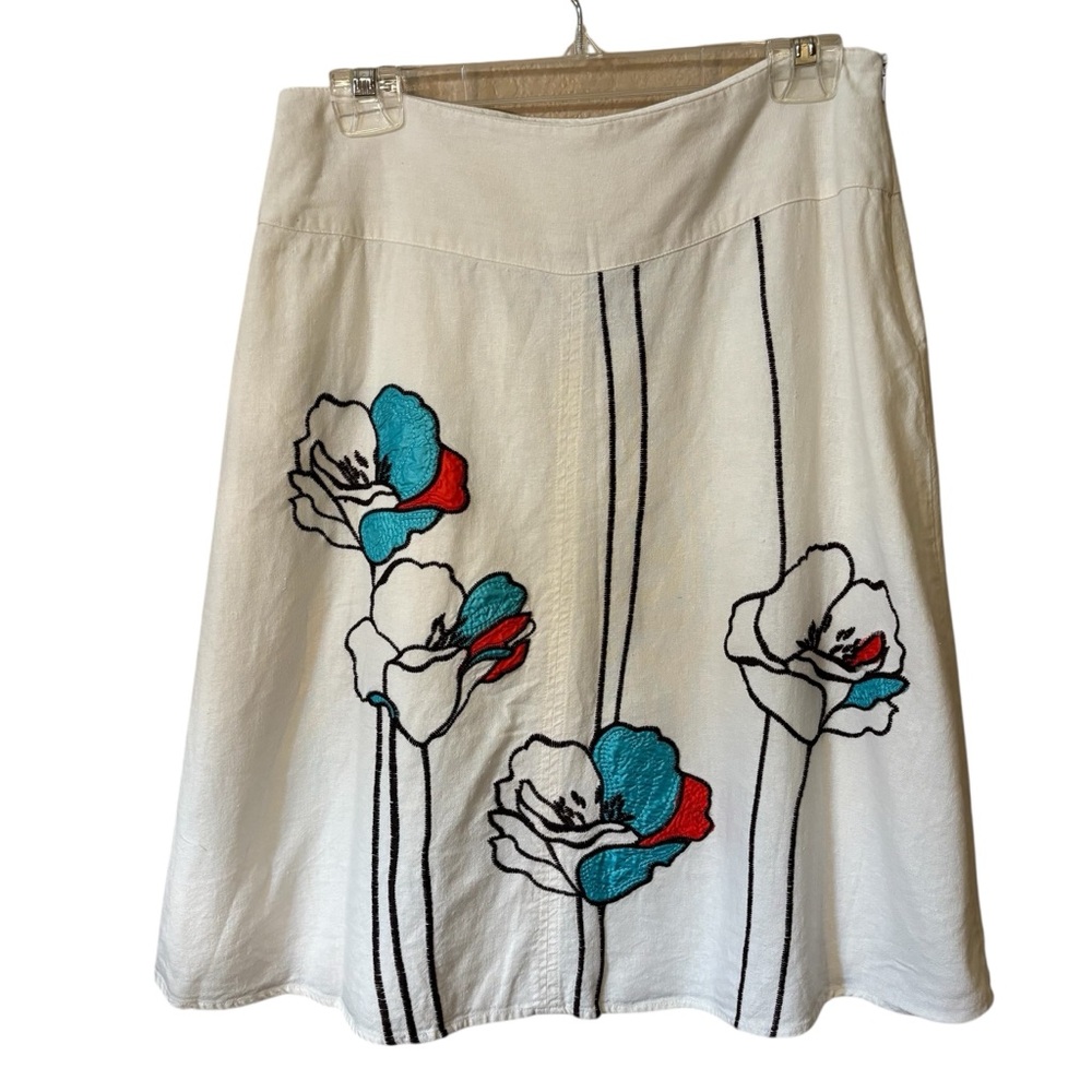 Lily Stanhope Skirt Size 8 White Linen Rayon Floral Embroidered A-Line Red Teal